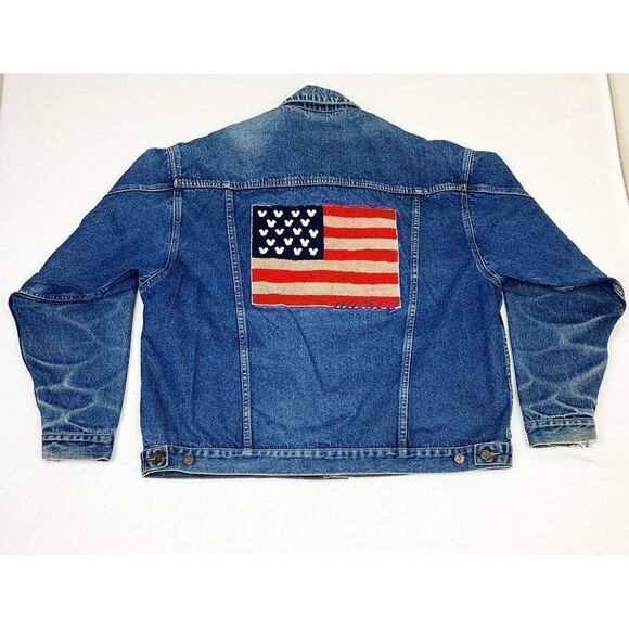Vintage Mickey Inc Jean Denim Jacket XL Blue Disney American Flag Stars Stripes - Picture 3 of 10